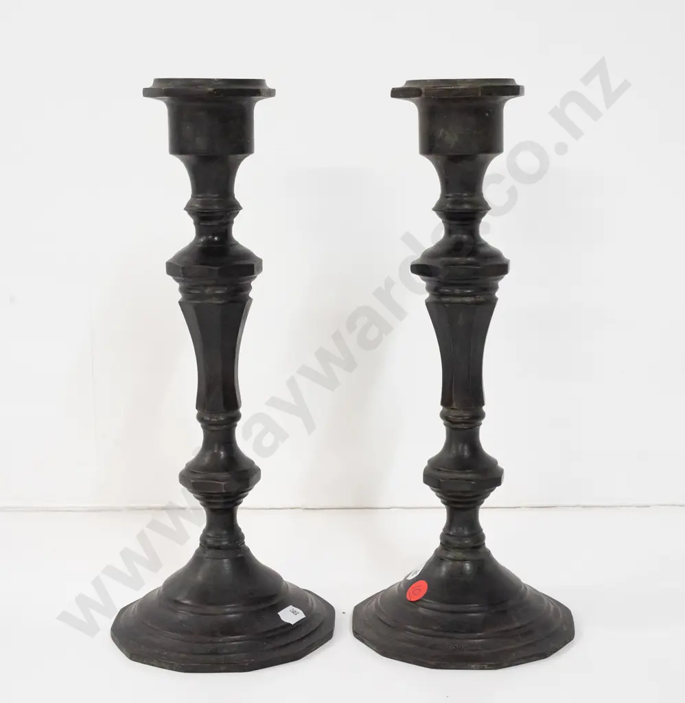 vintage pair of candlesticks - possibly patina'd brass, wide openings, may be missing sconces H-320 Image 1++