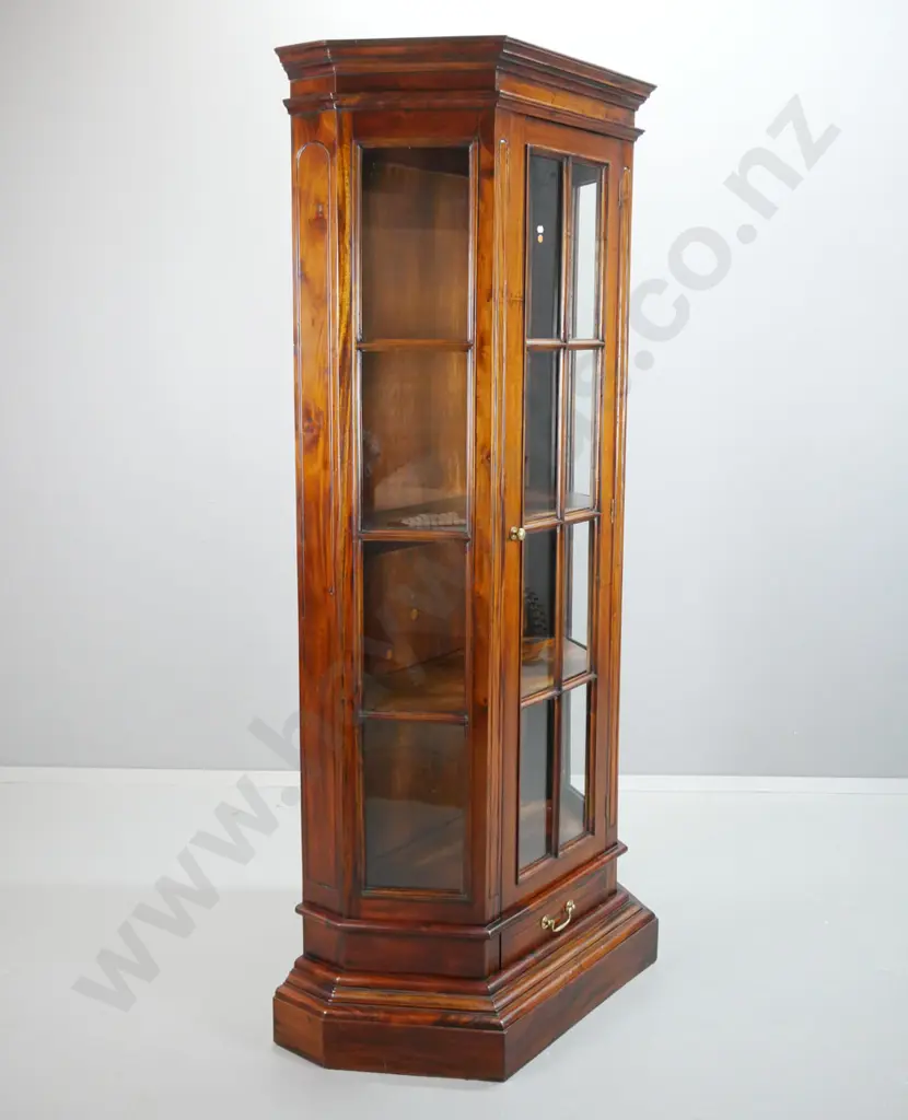 Indonesian mahogany traditional style display case with canted sides, single astragal glazed door, drawer in bottom with Image 1++