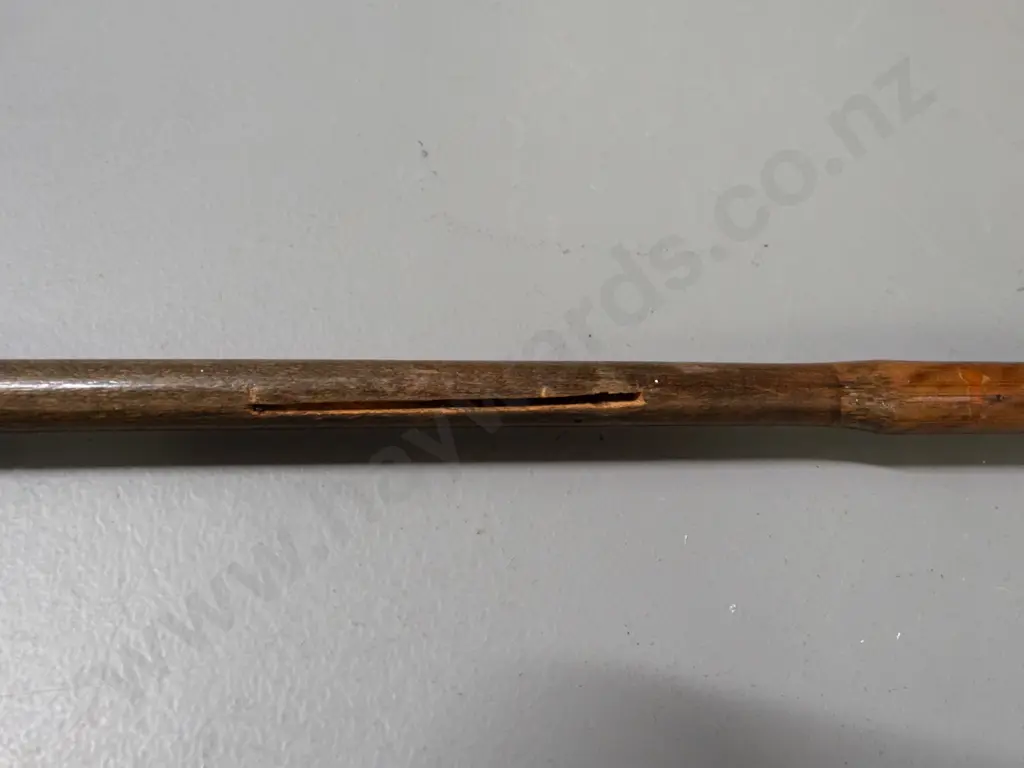 walking cane with horn handle and silver (maybe sterling?) band and brass ferrule - has a short loss or gouge L-910 Image 1++