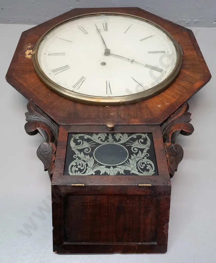 vintage wall hanging clock with octagonal front rosewood veneer case, pull down door over pendulum compartment - marked Image 1++