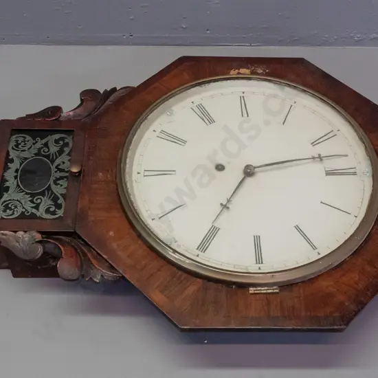 vintage wall hanging clock with octagonal front rosewood veneer case, pull down door over pendulum compartment - marked