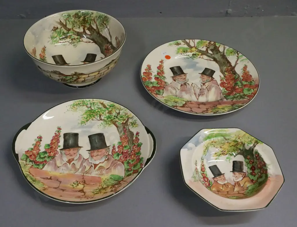 4x Royal Doulton Zunday Zmocks: footed bowl, plate, small dish, cake plate. Plate & footed bowl marked Noke. Footed bowl Image 1++