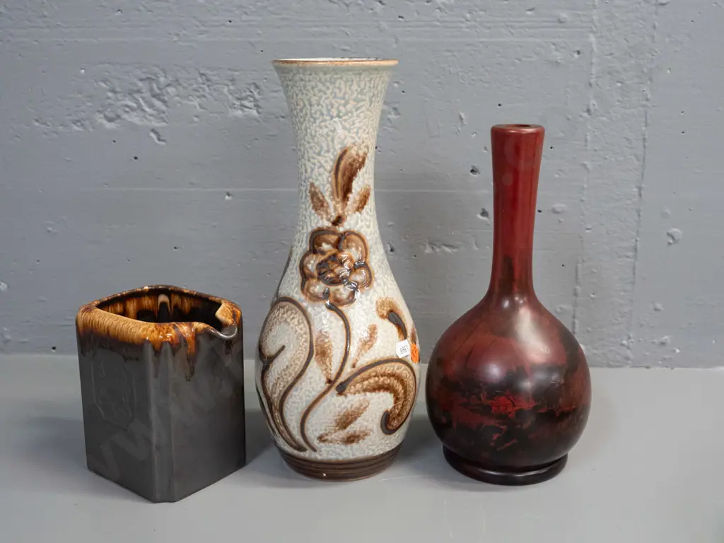 Titian Ware brown and gold trickle glaze jug No. 1351, German pottery vase & turned wood bottle vase with dark red Image 1++