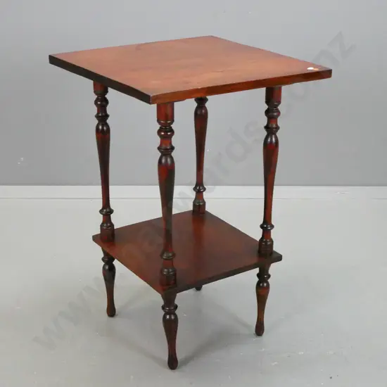 rimu 2 tier hybrid side table, with turned uprights above turned legs, staining to top. H720 W480