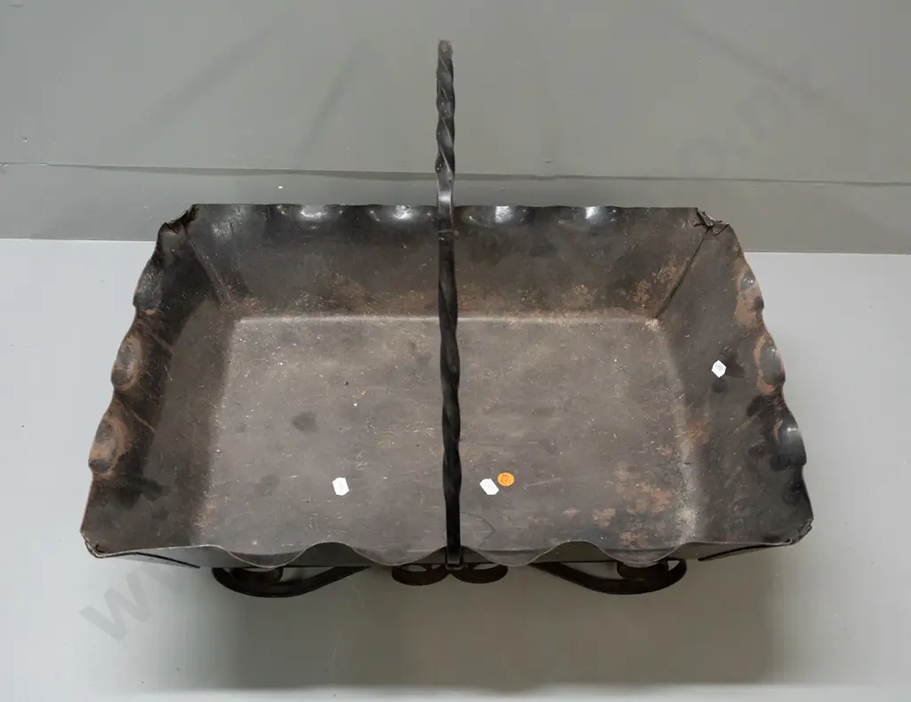 retro tin planter trough with wrought iron base and handle - some corrosion and wear H-420 L-550 W-400 Image 1++