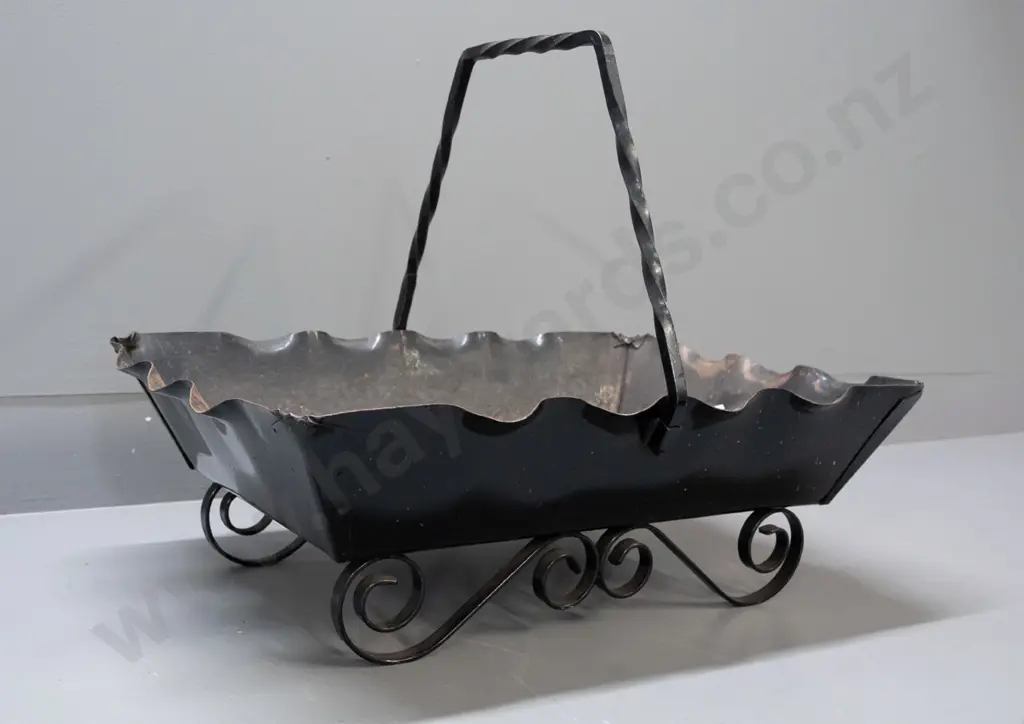 retro tin planter trough with wrought iron base and handle - some corrosion and wear H-420 L-550 W-400 Image 1++
