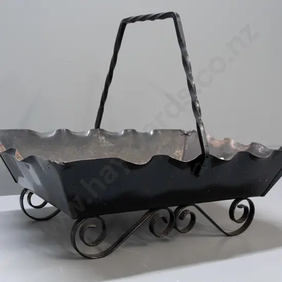 retro tin planter trough with wrought iron base and handle - some corrosion and wear H-420 L-550 W-400