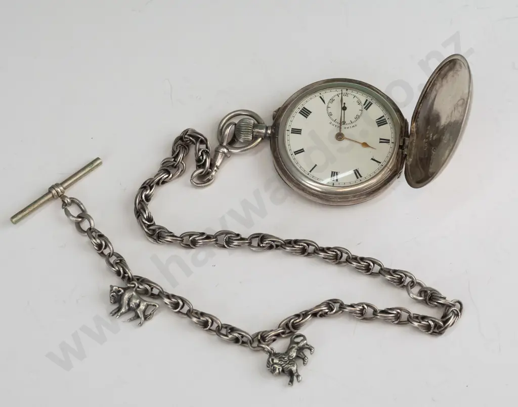 sterling silver Swiss pocket watch with fob chain Prince of Wales knot link & T-bar, lion and bear  - goingcharms Image 1++
