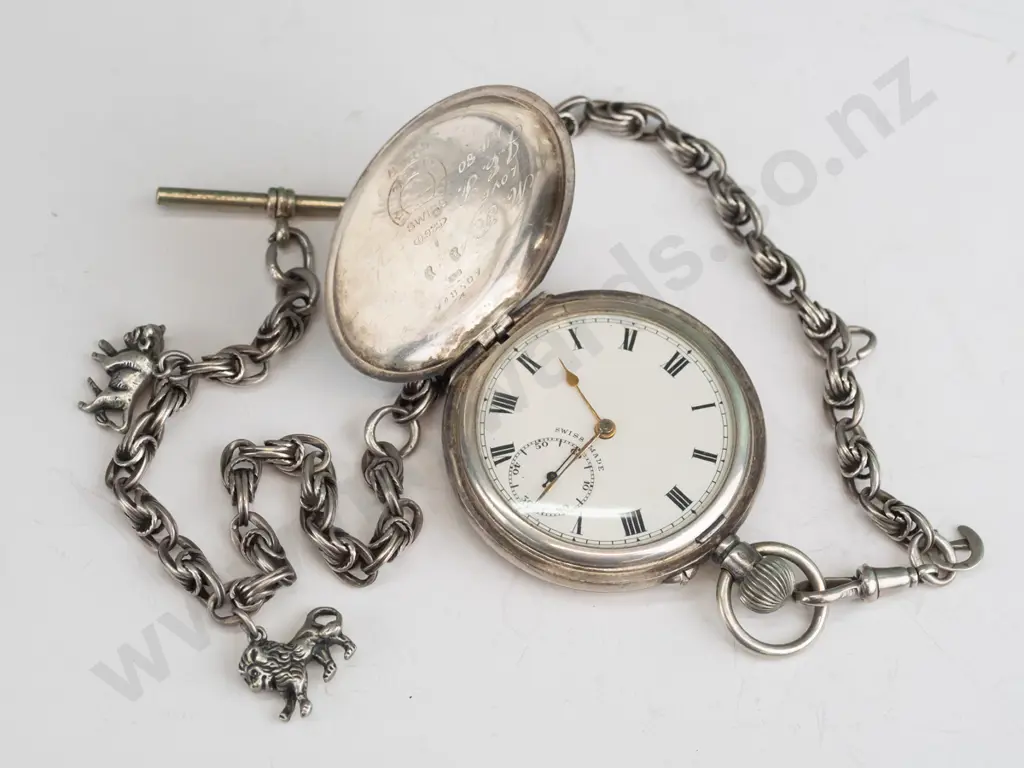 sterling silver Swiss pocket watch with fob chain Prince of Wales knot link & T-bar, lion and bear  - goingcharms Image 1++