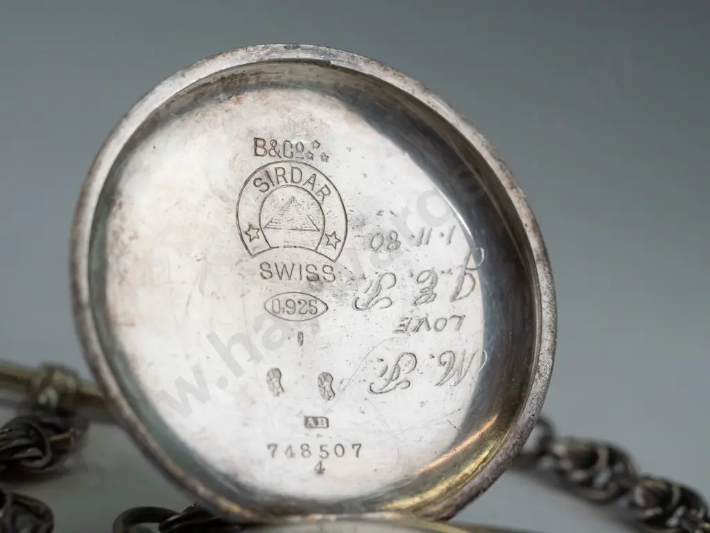 sterling silver Swiss pocket watch with fob chain Prince of Wales knot link & T-bar, lion and bear  - goingcharms Image 1++