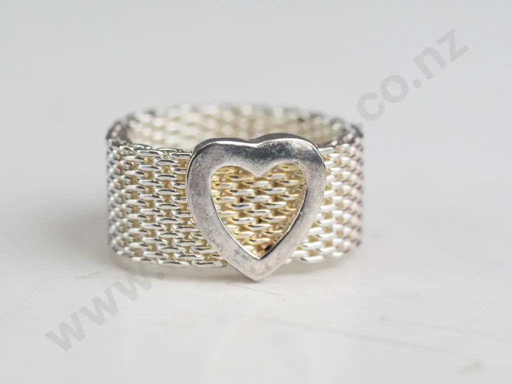 sterling silver mesh ring with heart stamped 925 Image 1++