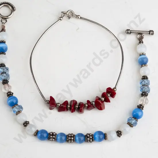 2x sterling silver and  beaded bracelets brown stamped  / blue no mark