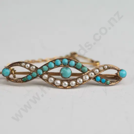 9ct turquoise & faux pearl brooch