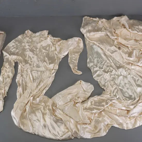 1930s ivory silk wedding dress with headpiece & veil - dress has very long train, fabric wrinkled from storage, veil