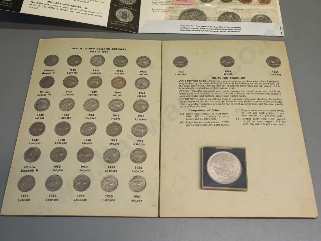 New Zealand coins - album of sixpences, 2 1967 decimal coin sets, and a 1953 Crown in plastic case Image 1++