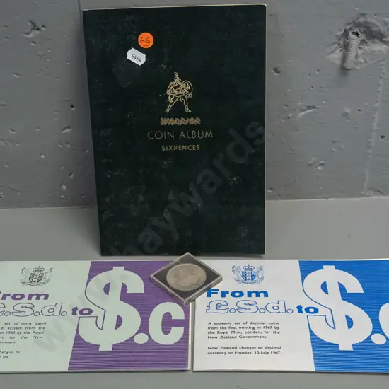 New Zealand coins - album of sixpences, 2 1967 decimal coin sets, and a 1953 Crown in plastic case