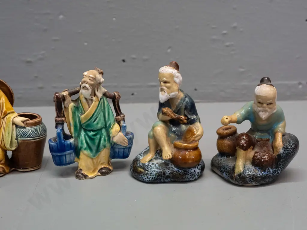 6 small Chinese earthenware "mud men" figures and a small bridge piece - one fisherman missing a pole. Largest H80 W60 Image 1++