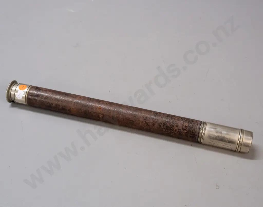 antique Ross London 2-section telescope with ornate 1896-7 prize inscription - some age wear and denting. Closed L-440 Image 1++