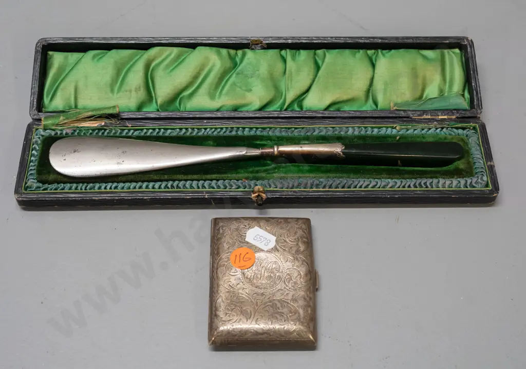 vintage cased shoe-horn with greenstone handle & sterling silver collar and a hallmarked & monogrammed sterling silver Image 1++
