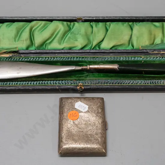 vintage cased shoe-horn with greenstone handle & sterling silver collar and a hallmarked & monogrammed sterling silver