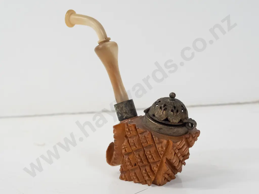 vintage carved wood and horn smoker's pipe with pierced metal hinged cap, no maker's marks H-120 L-100 Image 1++