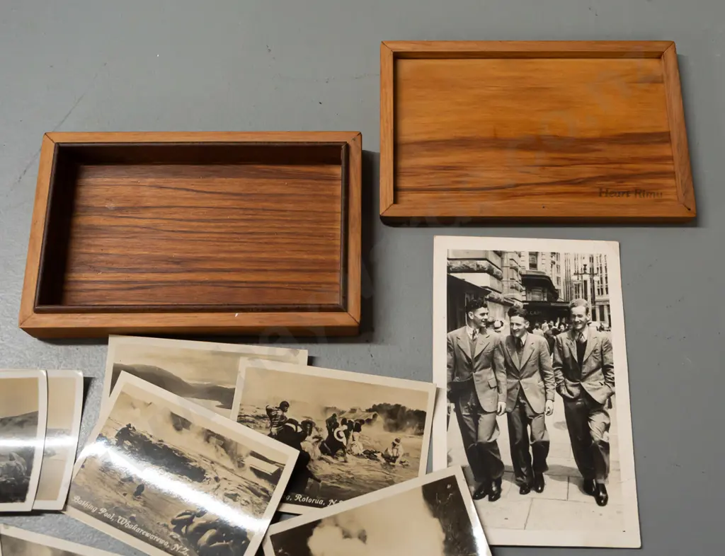 rimu cigarette box with assorted Rotorua souvenir photos and a Wellington street portrait photo - box 150 x 100 Image 1++