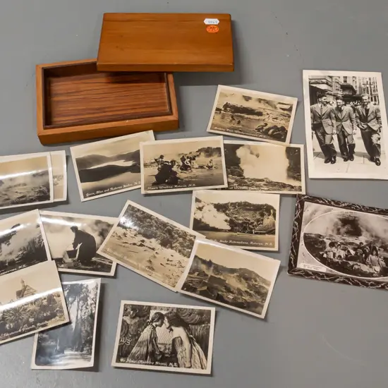 rimu cigarette box with assorted Rotorua souvenir photos and a Wellington street portrait photo - box 150 x 100