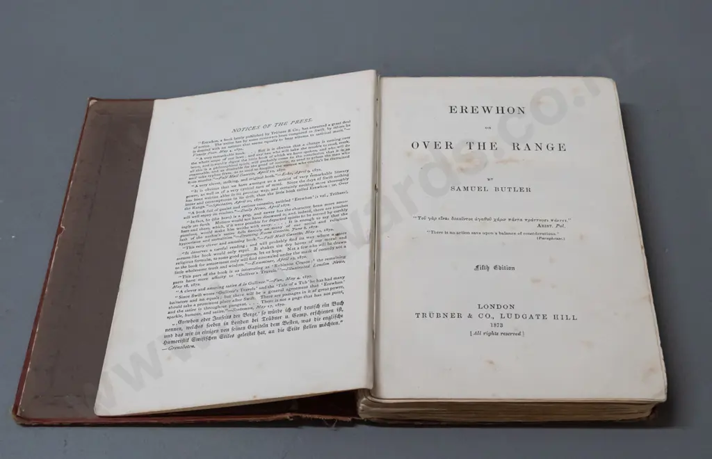 vintage book - Erewhon - Samuel Butler - 1873 edition. Damage to binding, foxing. Image 1++