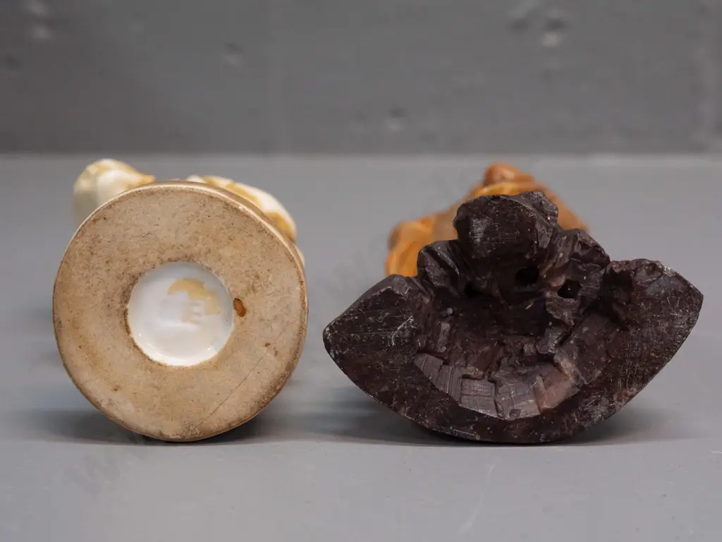 4 Chinese ornaments - carved soapstone bowl & standing figure H-145 and a composite or fired porcelain stooping figure. Image 1++