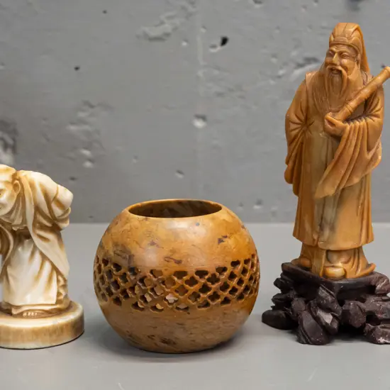 4 Chinese ornaments - carved soapstone bowl & standing figure H-145 and a composite or fired porcelain stooping figure.