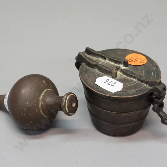 2 brass items - set of nesting bucket weights with intricate detailing on lid and a vintage plumb bob L-90 - some minor