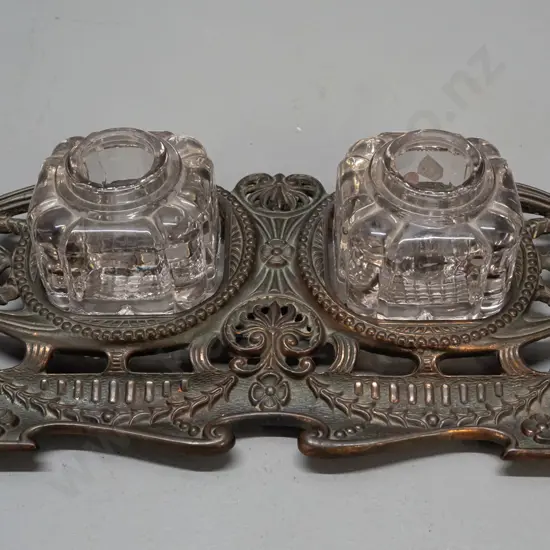copper-finish cast metal desk set with 2 heavy glass inkwells, no lids L-270