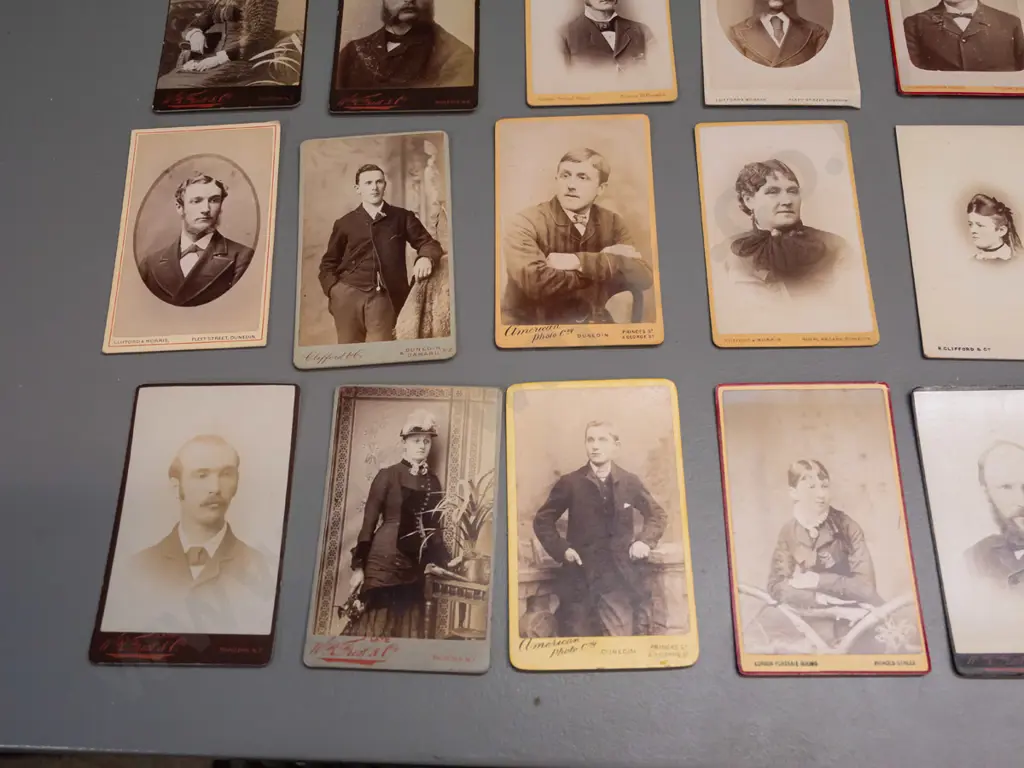 32 vintage small cartes de visite portrait photographs on card, all Dunedin studios - some wear and fading, each approx. Image 1++