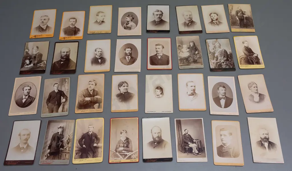 32 vintage small cartes de visite portrait photographs on card, all Dunedin studios - some wear and fading, each approx. Image 1++