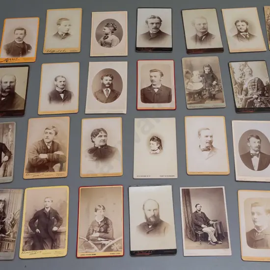 32 vintage small cartes de visite portrait photographs on card, all Dunedin studios - some wear and fading, each approx.