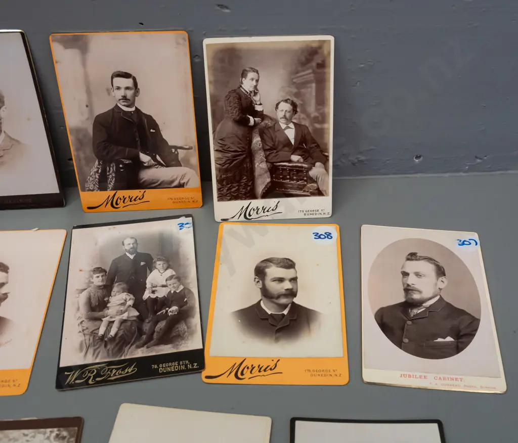 assorted large cartes de visite photographs, most are from Dunedin studios, one Wolverhampton - some have stickers Image 1++
