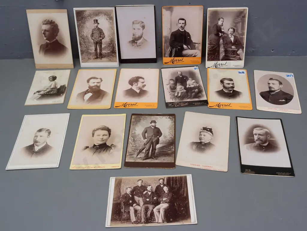 assorted large cartes de visite photographs, most are from Dunedin studios, one Wolverhampton - some have stickers Image 1++