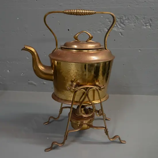 arts & crafts style brass spirit kettle - marked with GBN logo, "Muster" (and Gesetz Loesch?) - wear, pitting and