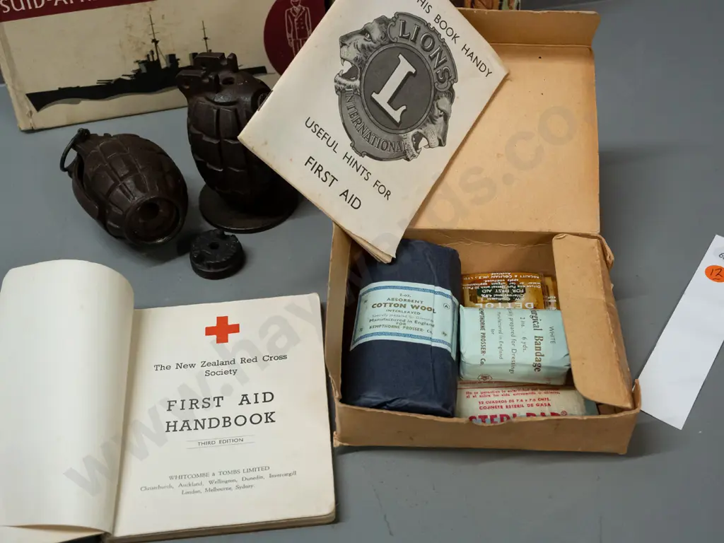 2 hand grenades, one marked JL & Co, mounted to base, no pin and the other with threaded base cap, Europe Marches Again Image 1++