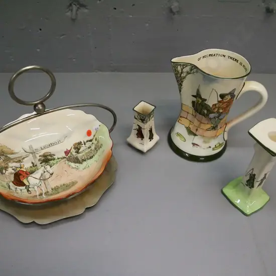 5x Royal Doulton: Gallant Fishers jug, 2x Isaac Walton candlestick & small vase, Sir Roger de Coverley bowl on plated