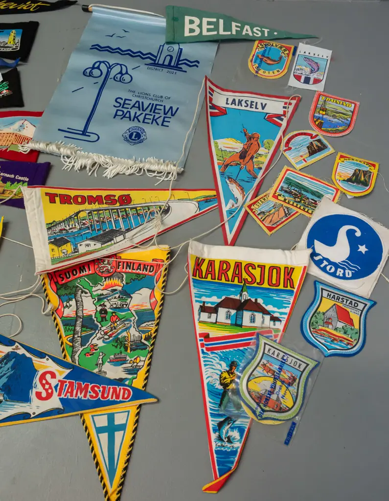 large collection of felt and fabric banners and badges - New Zealand and European, Akaroa Lions banners etc. - largest Image 1++