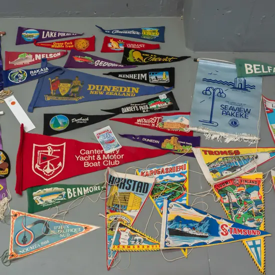large collection of felt and fabric banners and badges - New Zealand and European, Akaroa Lions banners etc. - largest