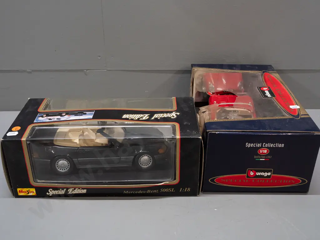 2 boxed 1:18 scale die-cast model vehicles - Burago Jaguar E Cabriolet and Maisto 1989 Mercedes Benz 500SL. Image 1++