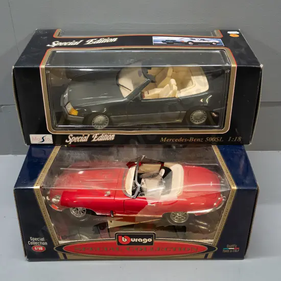 2 boxed 1:18 scale die-cast model vehicles - Burago Jaguar E Cabriolet and Maisto 1989 Mercedes Benz 500SL.