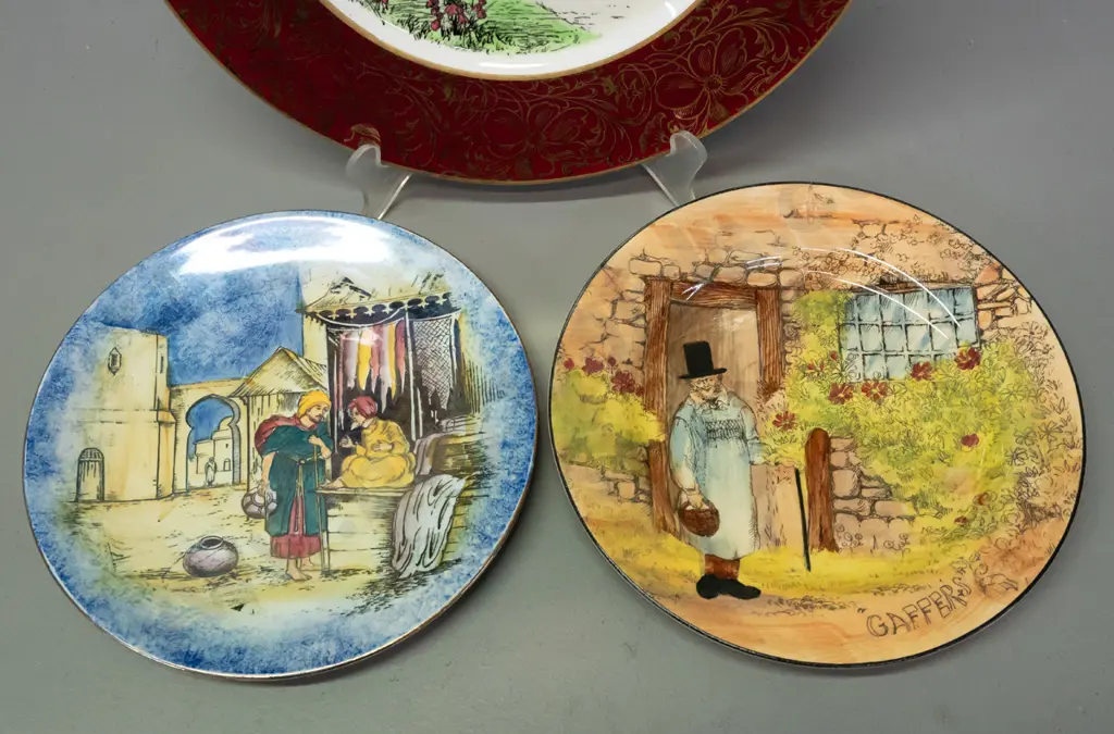 3 vintage display plates - Maddock & Sons Raglan Castle D-260, smaller Doulton Gaffers & Grimwades Glimpses of the East Image 1++