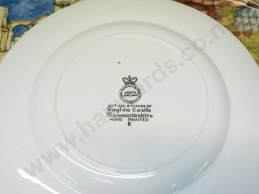 3 vintage display plates - Maddock & Sons Raglan Castle D-260, smaller Doulton Gaffers & Grimwades Glimpses of the East Image 1++