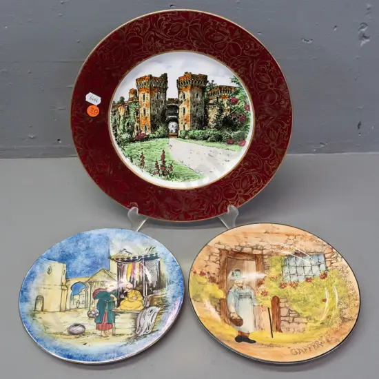 3 vintage display plates - Maddock & Sons Raglan Castle D-260, smaller Doulton Gaffers & Grimwades Glimpses of the East