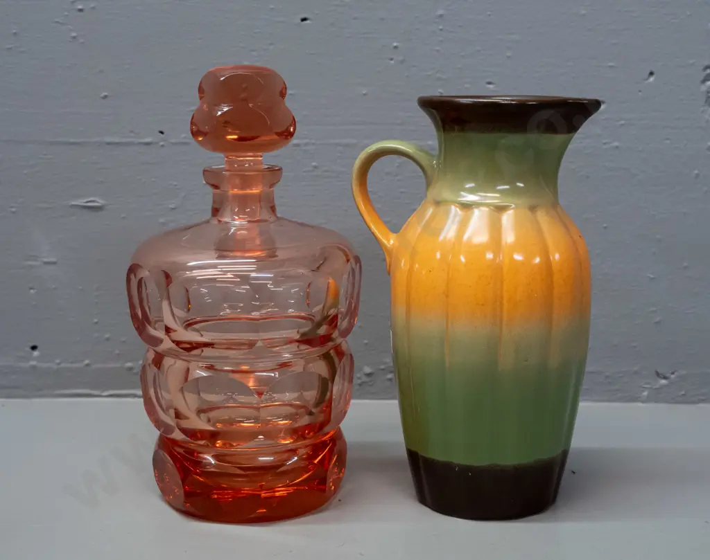 cranberry glass heavy geometric faceted and stoppered decanter - chip to stopper - and a Crown Lynn Phillipines 3-tone Image 1++