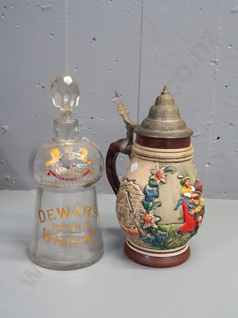 vintage Dewar's whisky glass stoppered decanter and a pewter-lidded German beer tankard. Decanter has rubbing to Image 1++