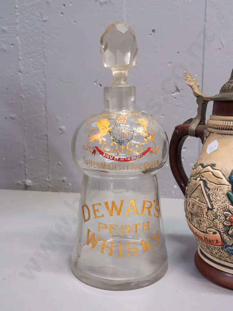 vintage Dewar's whisky glass stoppered decanter and a pewter-lidded German beer tankard. Decanter has rubbing to Image 1++